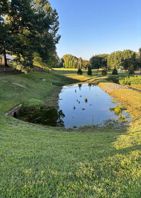 The same stormwater pond three months after the repair: clear still water, mowed green banks and a riprap spillway in golden light